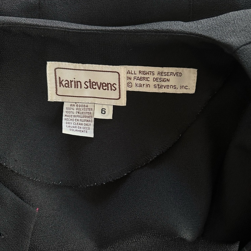Vintage 80s 90s Karin Stevens Dress Pearl Button Black Sheer Midi Rockabilly Sm - Picture 13 of 15